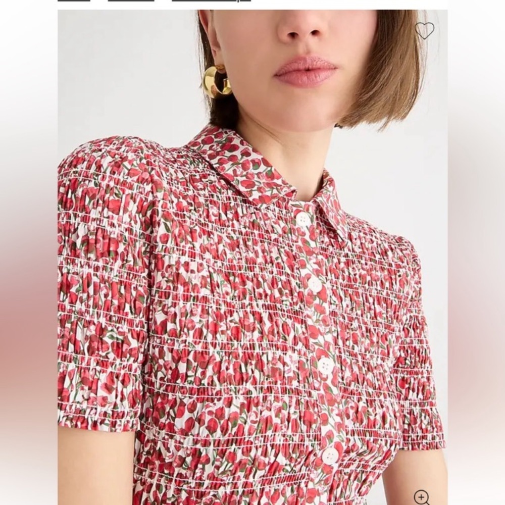 J Crew Smocked Button-up Shirt in Liberty Eliza's Red Fabric Large runs small - Picture 2 of 12